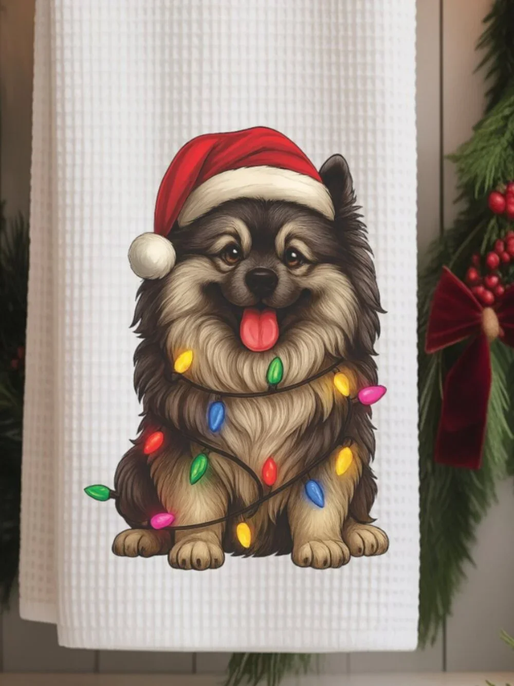 Keeshond Christmas Lights Decorative Kitchen Tea Towel